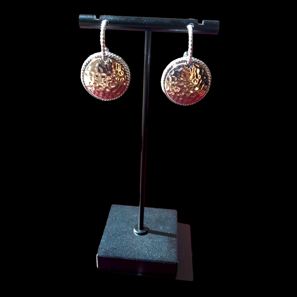 Silver Tone Hammered Pierced Earrings Braided Edge